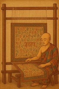 The Buddha sits before a loom weaving a tapestry of anacronistic Sanskrit lettering that can form words.